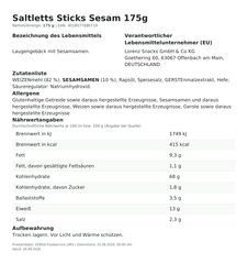 Produktinformationen – Saltletts Sticks Sesam 175g