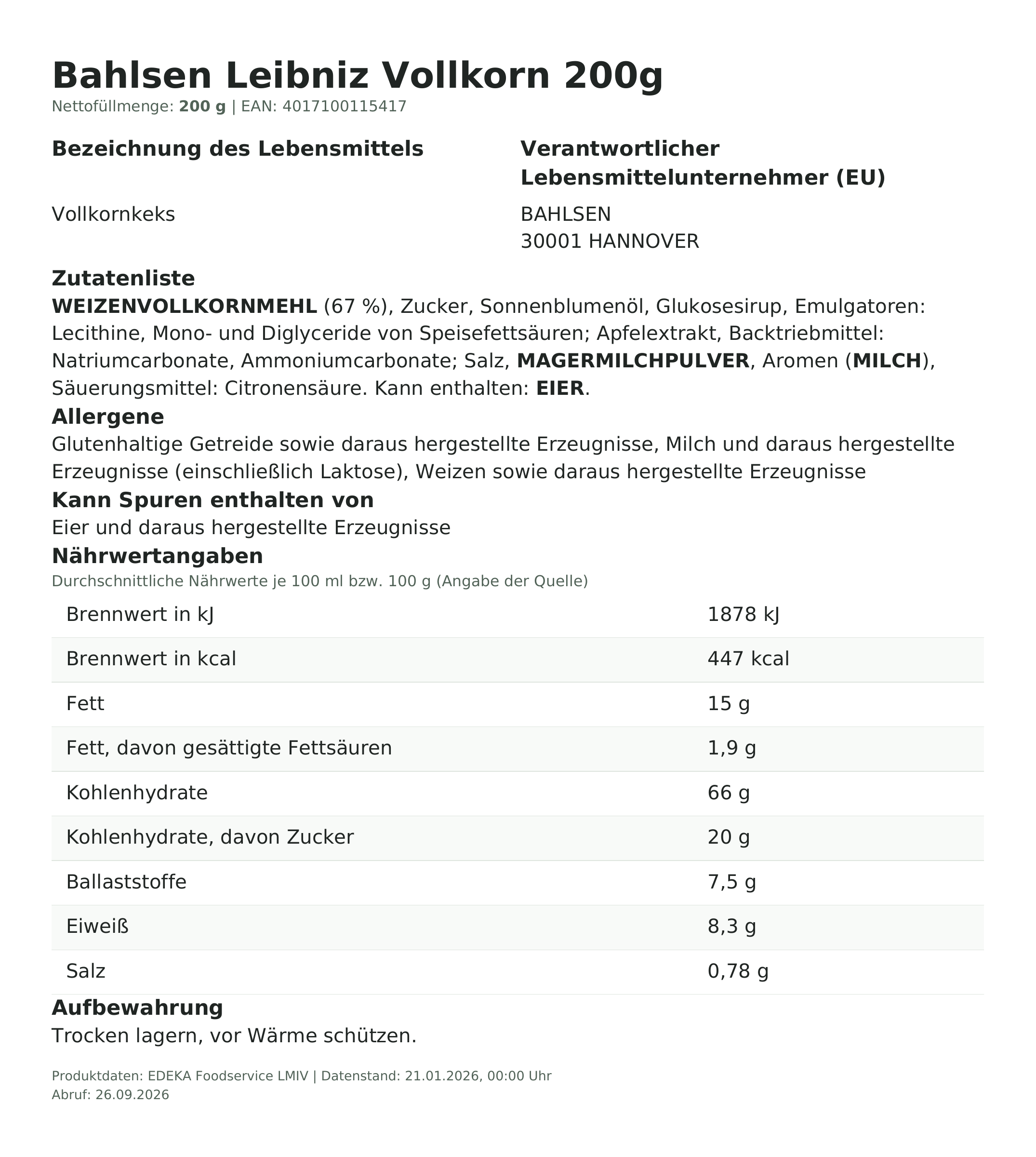 Produktinformationen – Bahlsen Leibniz Vollkorn 200g