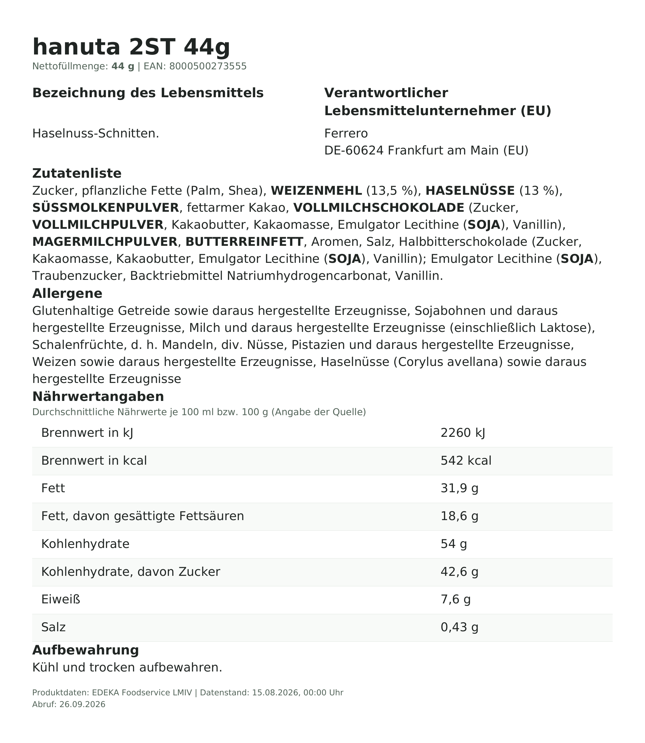 Lebensmittelinformationen: Ferrero hanuta 2er Packung 44g