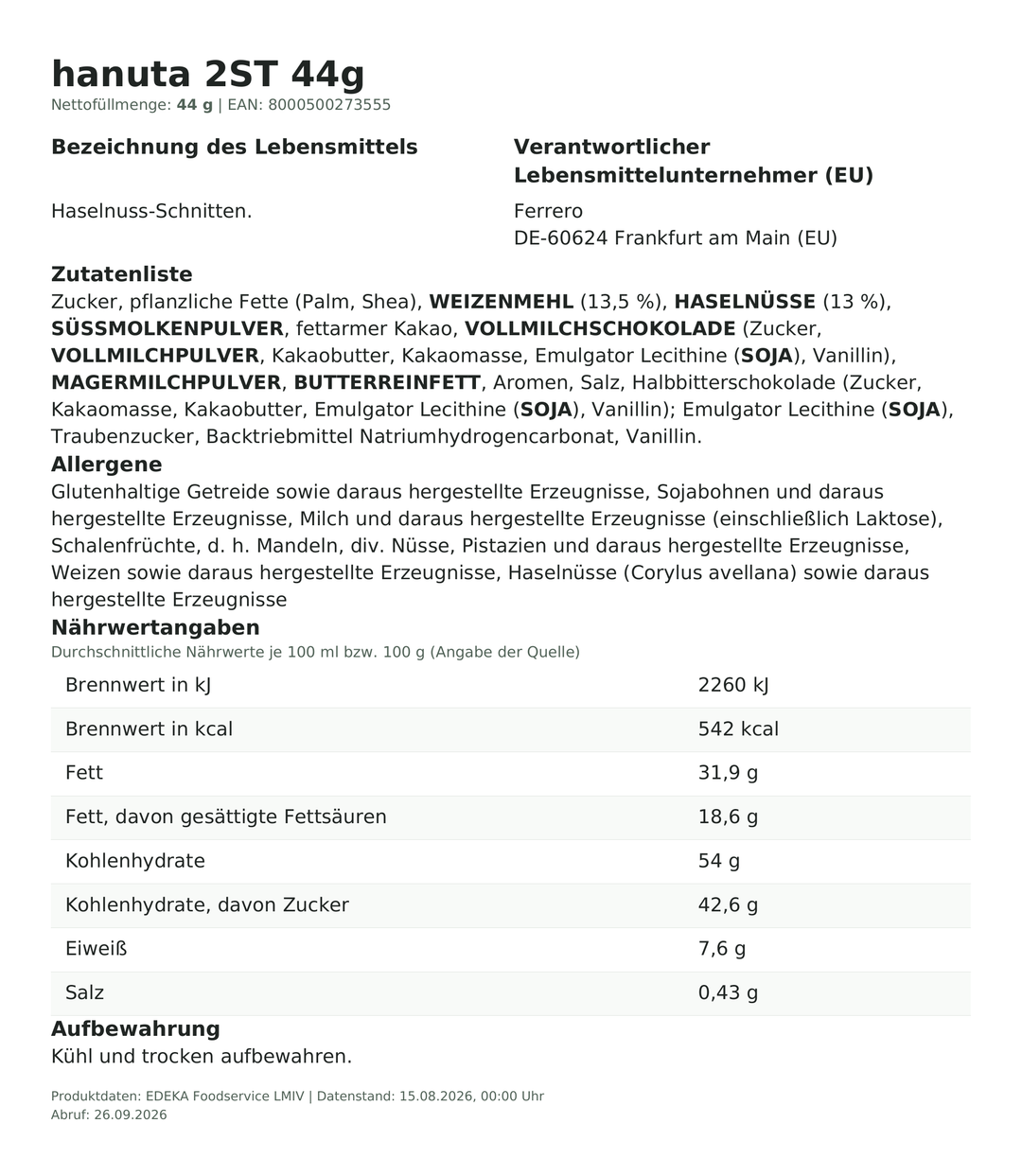 Produktinformationen zum Einzelprodukt – hanuta 2ST 44g