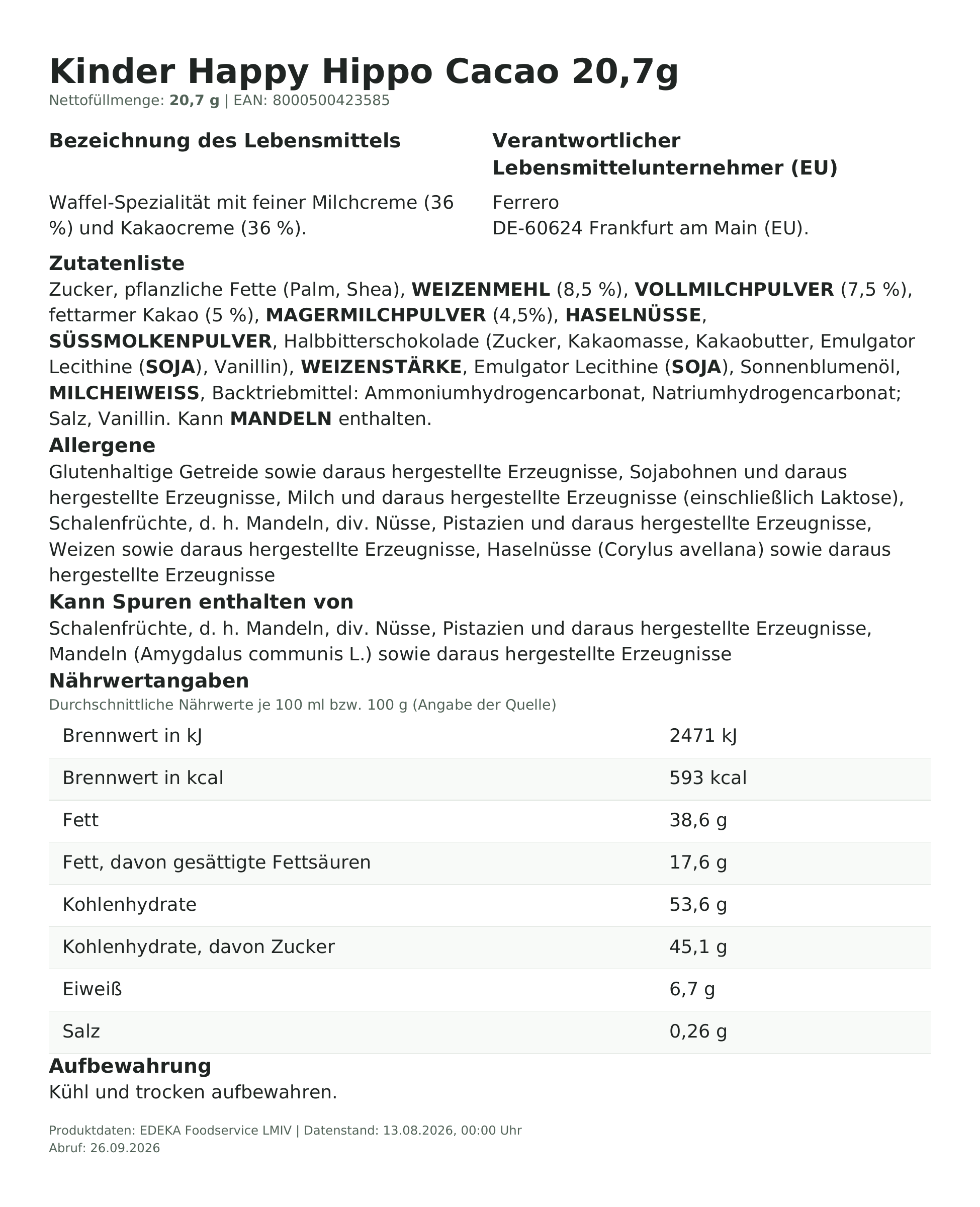 Produktinformationen – Kinder Happy Hippo Cacao 20,7g