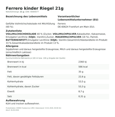 Ferrero kinder Riegel 21g – Lebensmittelangaben