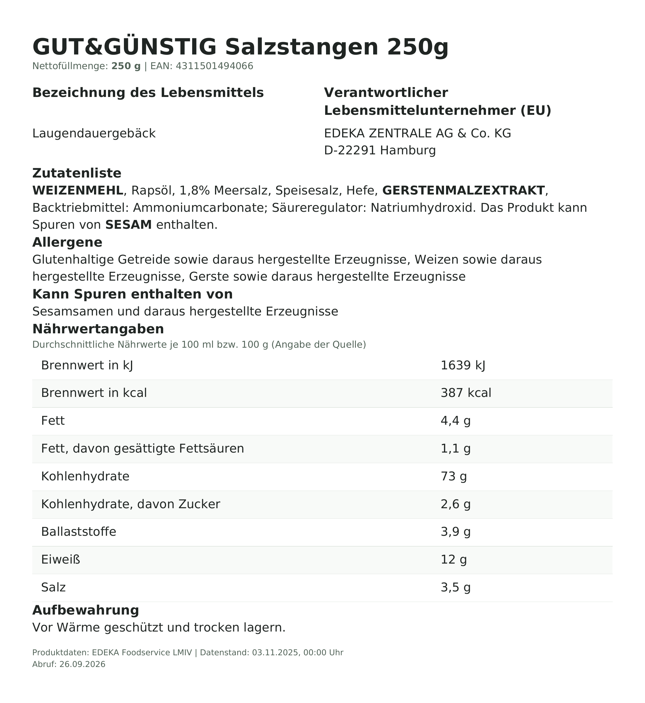 Salzstangen 250g – Lebensmittelangaben