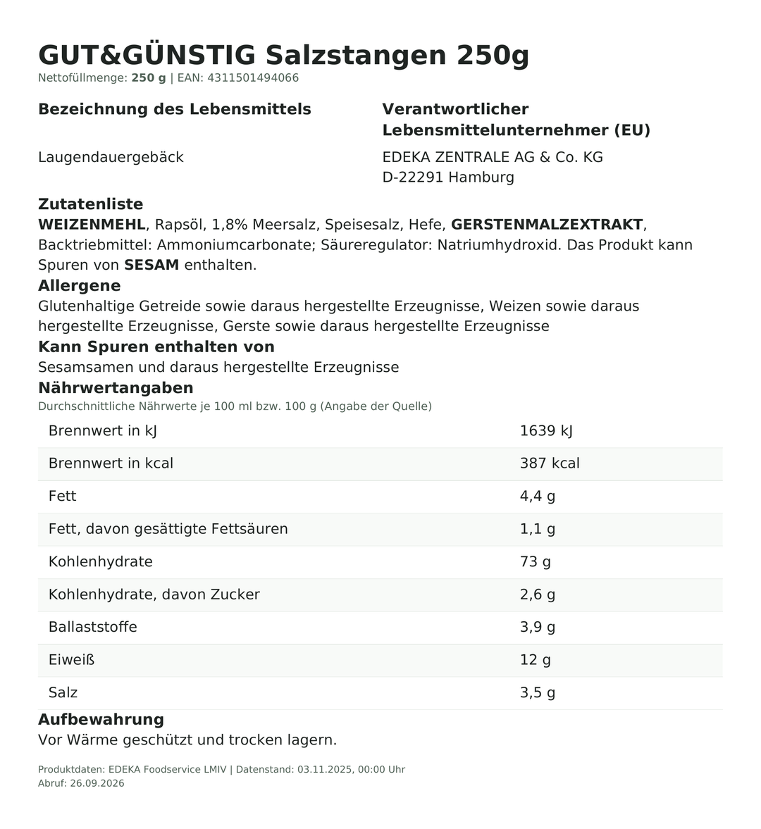 Produktinformationen zum Einzelprodukt – Gut&Günstig Salzstangen 250g
