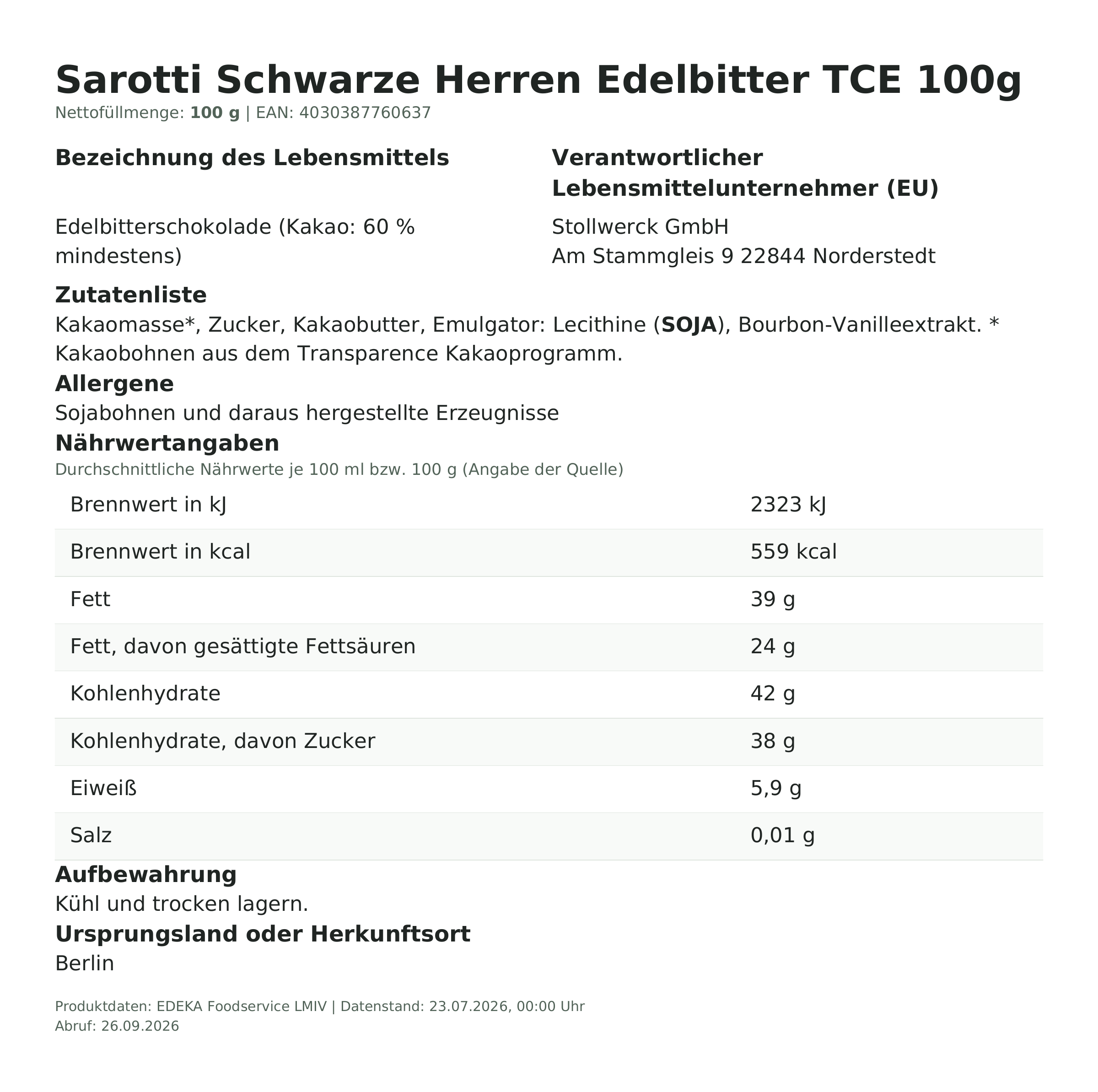 Produktinformationen – Sarotti Schwarze Herren Edelbitter TCE 100g