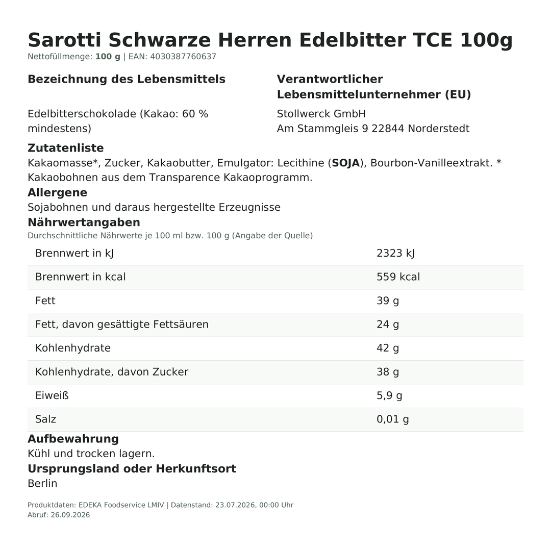 Produktinformationen zum Einzelprodukt – Sarotti Schwarze Herren Edelbitter TCE 100g