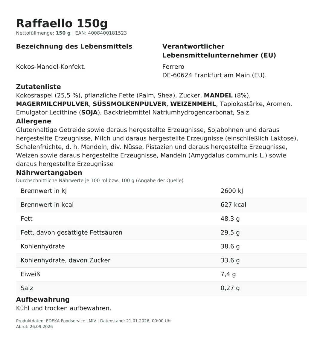 Produktinformationen zum Einzelprodukt – Raffaello 150g