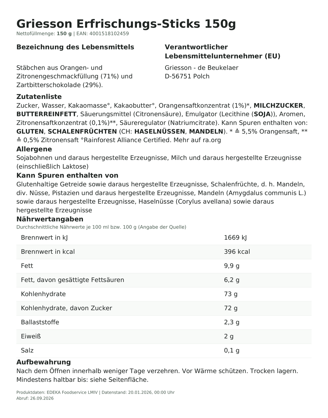 Produktinformationen – Griesson Erfrischungs-Sticks 150g