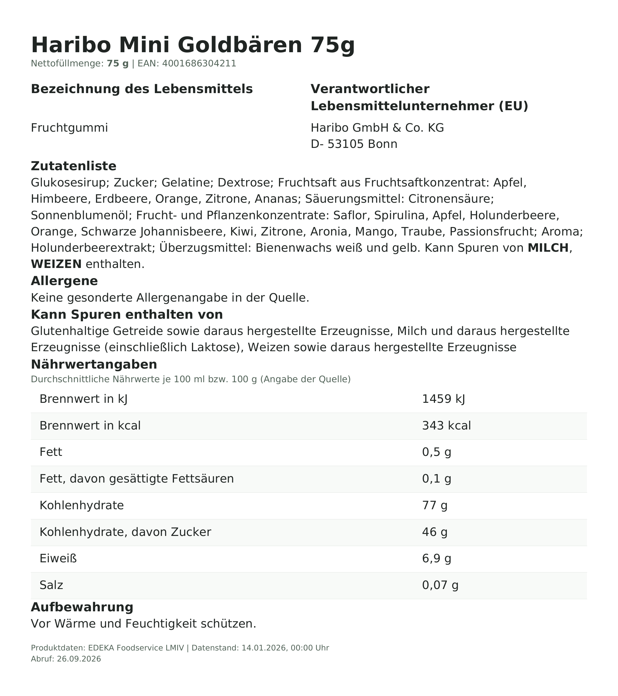 Lebensmittelinformationen: Haribo Goldbären 75g