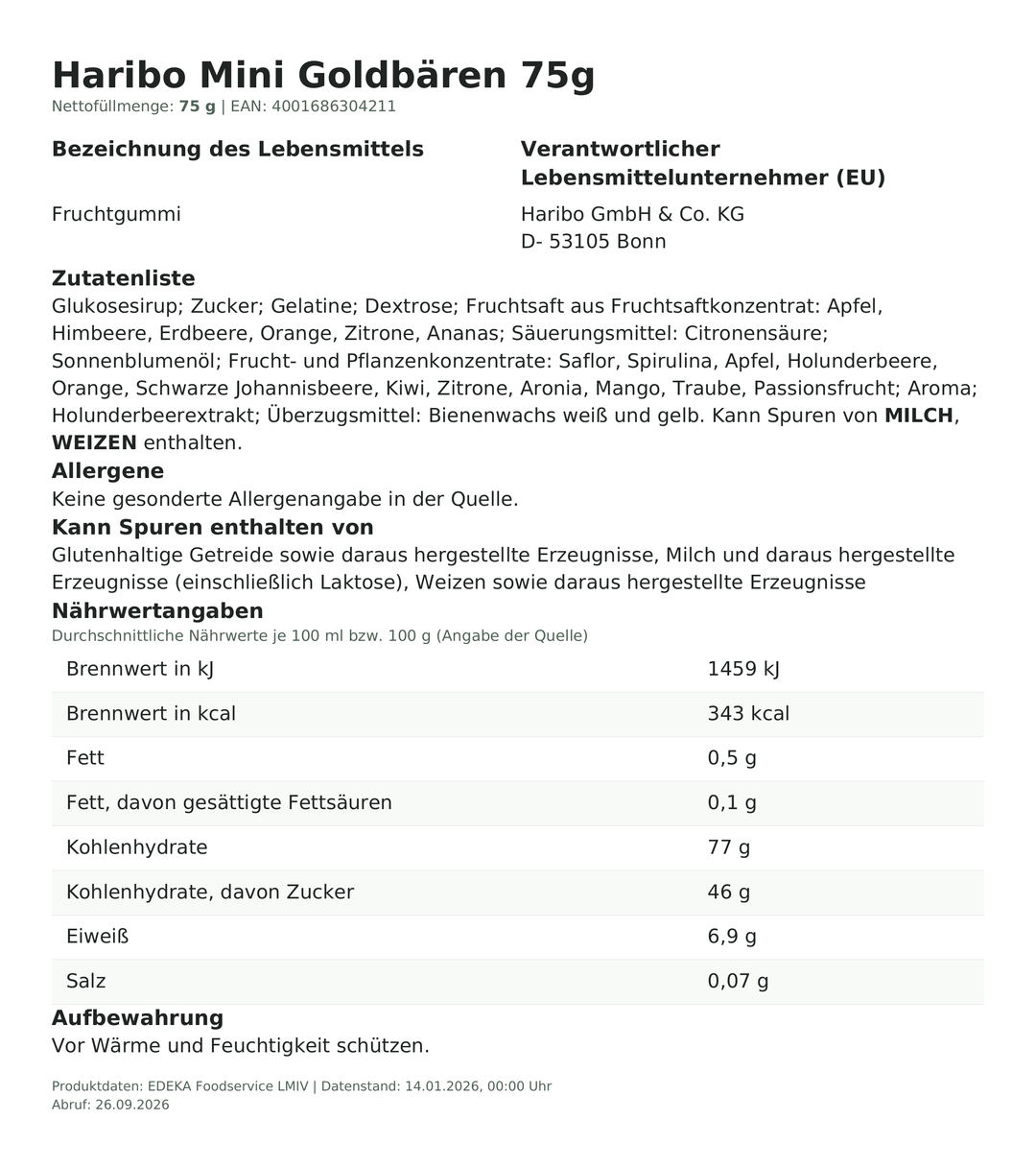 Produktinformationen zum Einzelprodukt – Haribo Mini Goldbären 75g