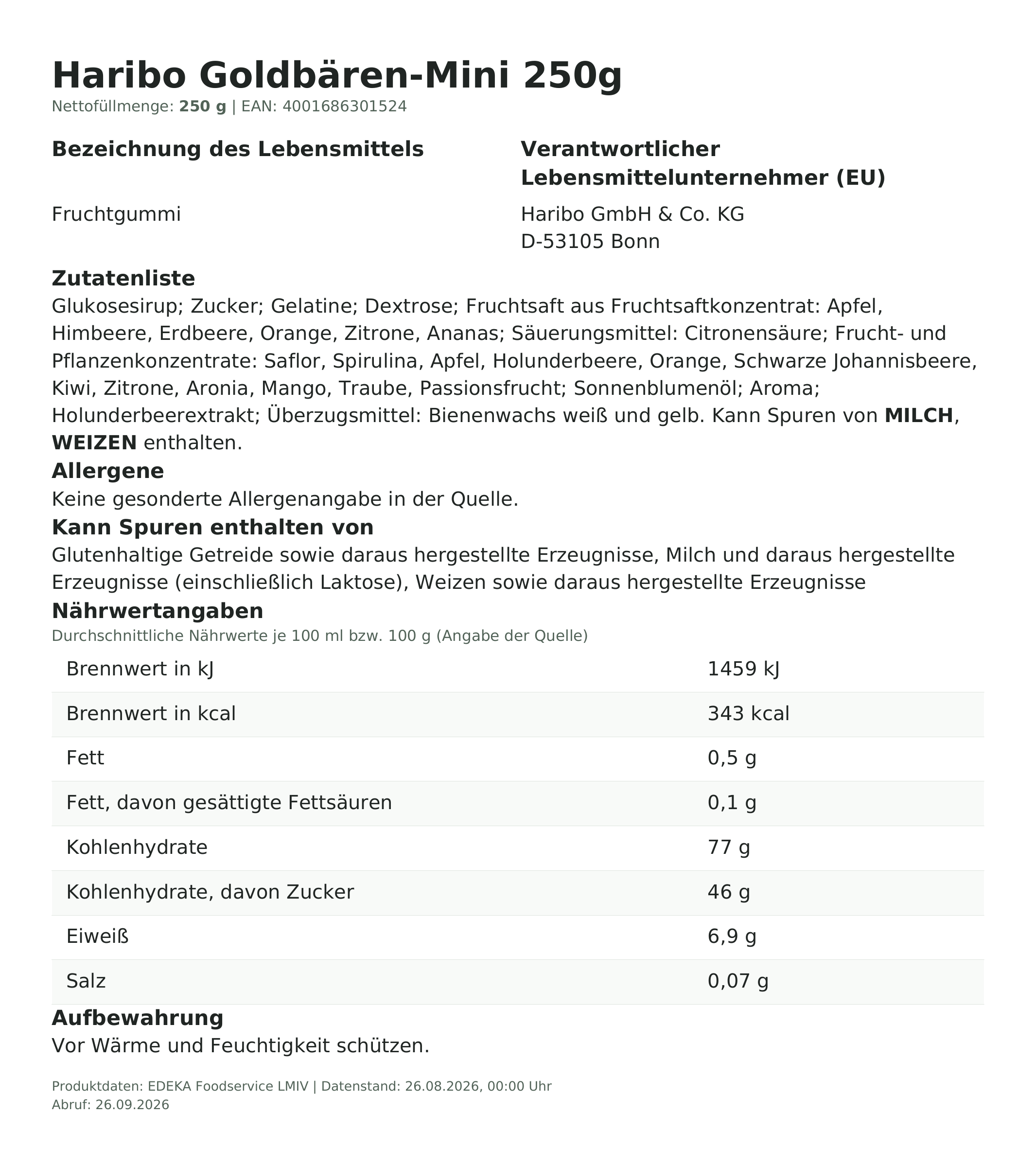Produktinformationen – Haribo Goldbären-Mini 250g