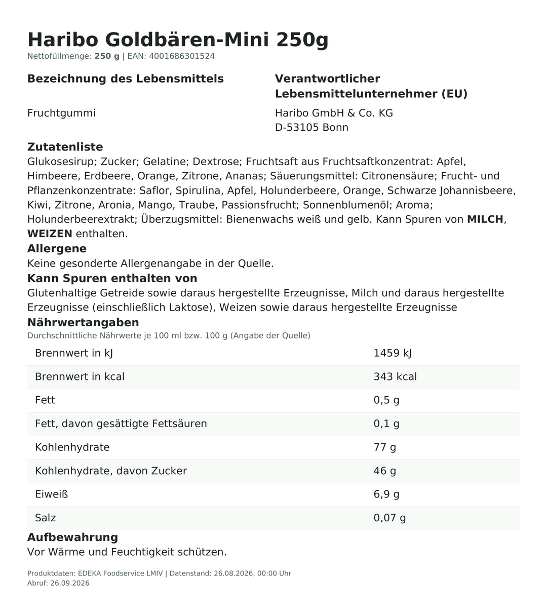 Produktinformationen zum Einzelprodukt – Haribo Goldbären-Mini 250g