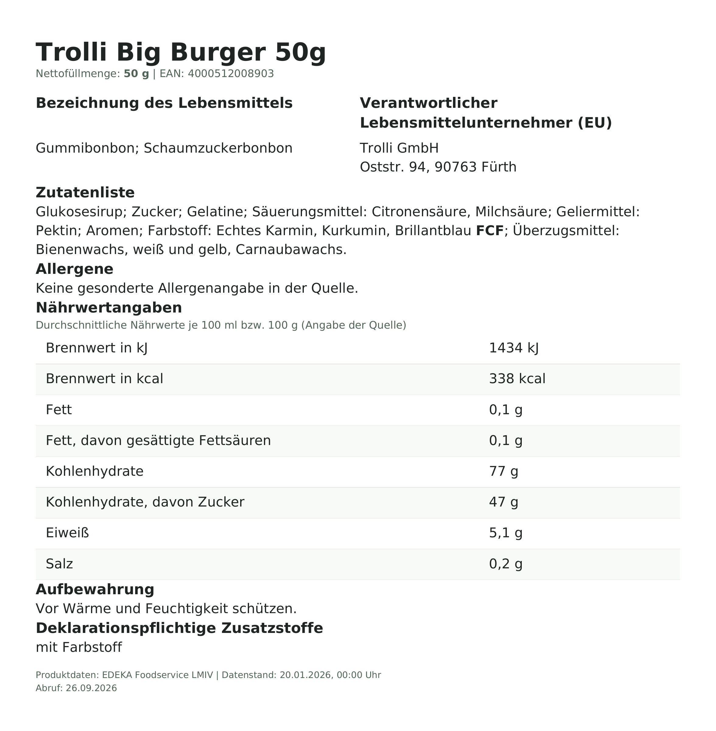 Lebensmittelinformationen: Trolli Burger 50g