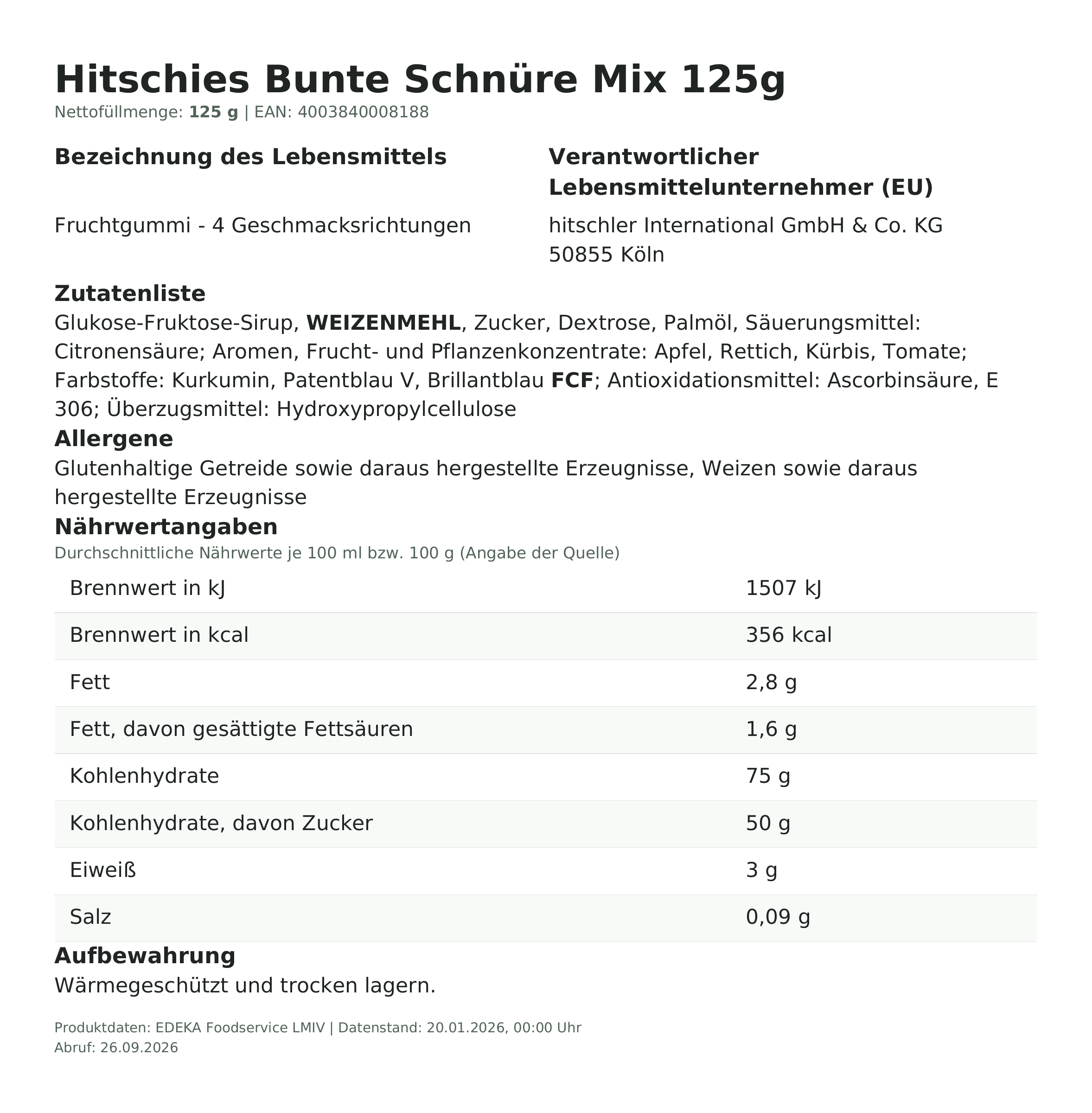 Produktinformationen – Hitschies Bunte Schnüre Mix 125g