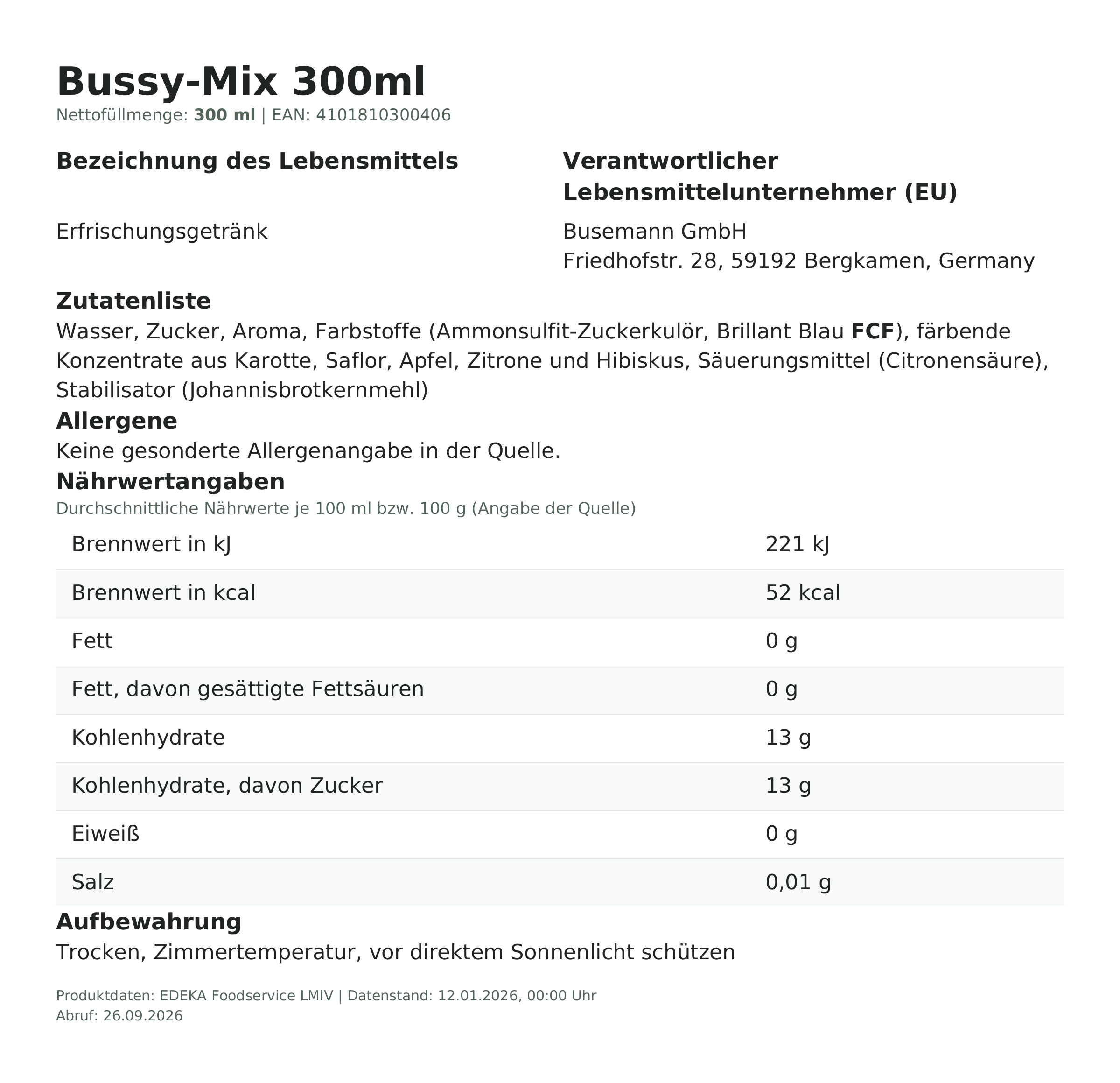 Bussy-Mix 300ml – Lebensmittelangaben
