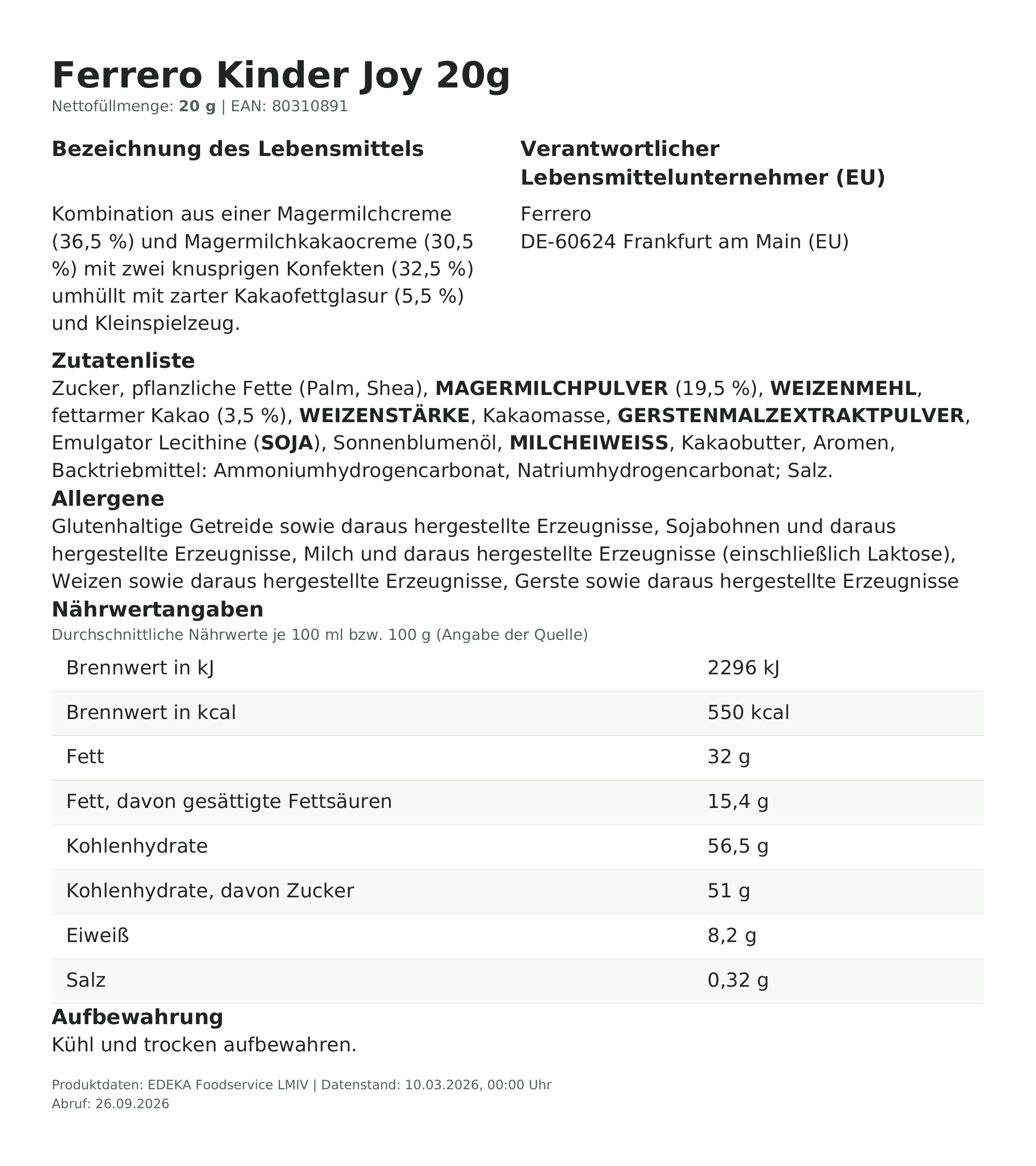 Lebensmittelinformationen: Ferrero kinder Joy 20g