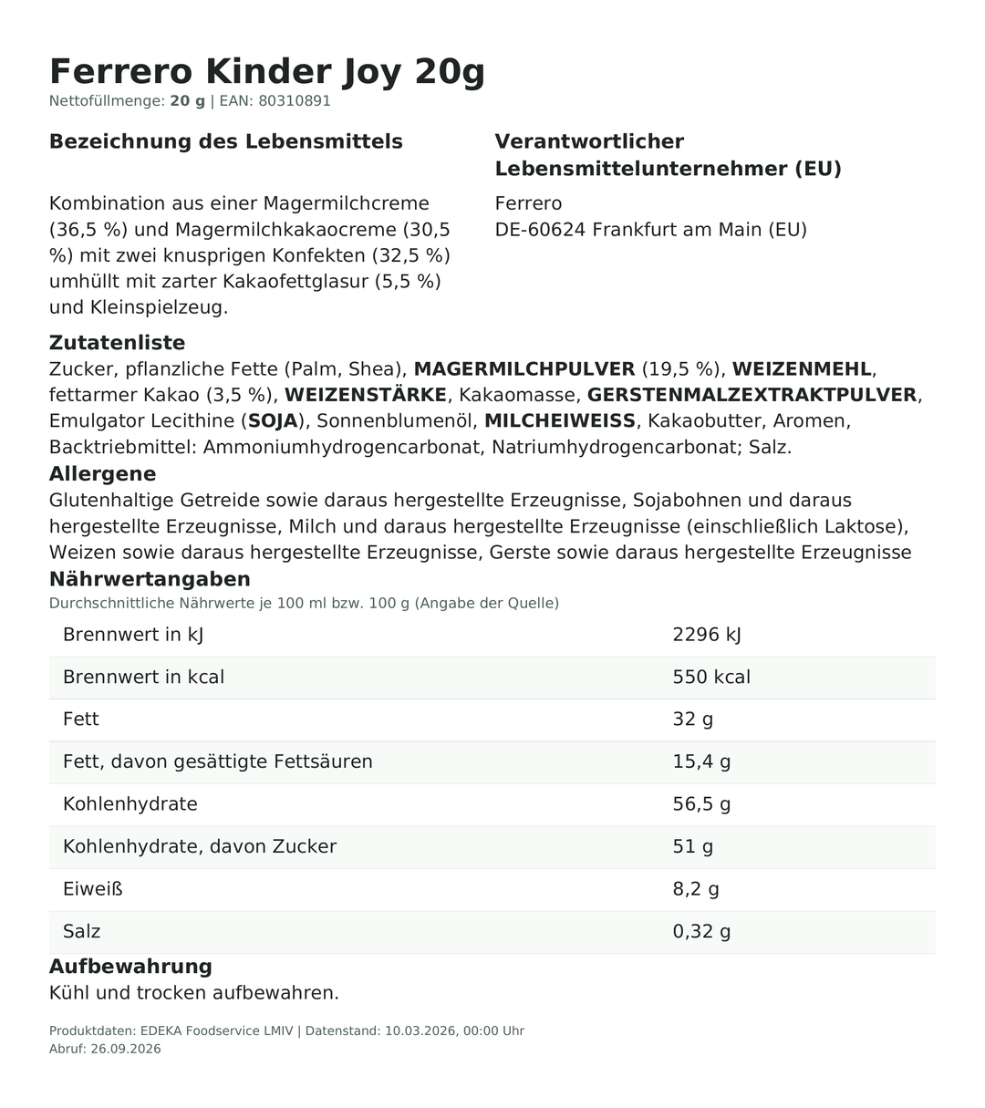 Produktinformationen zum Einzelprodukt – Ferrero Kinder Joy One Piece  20g