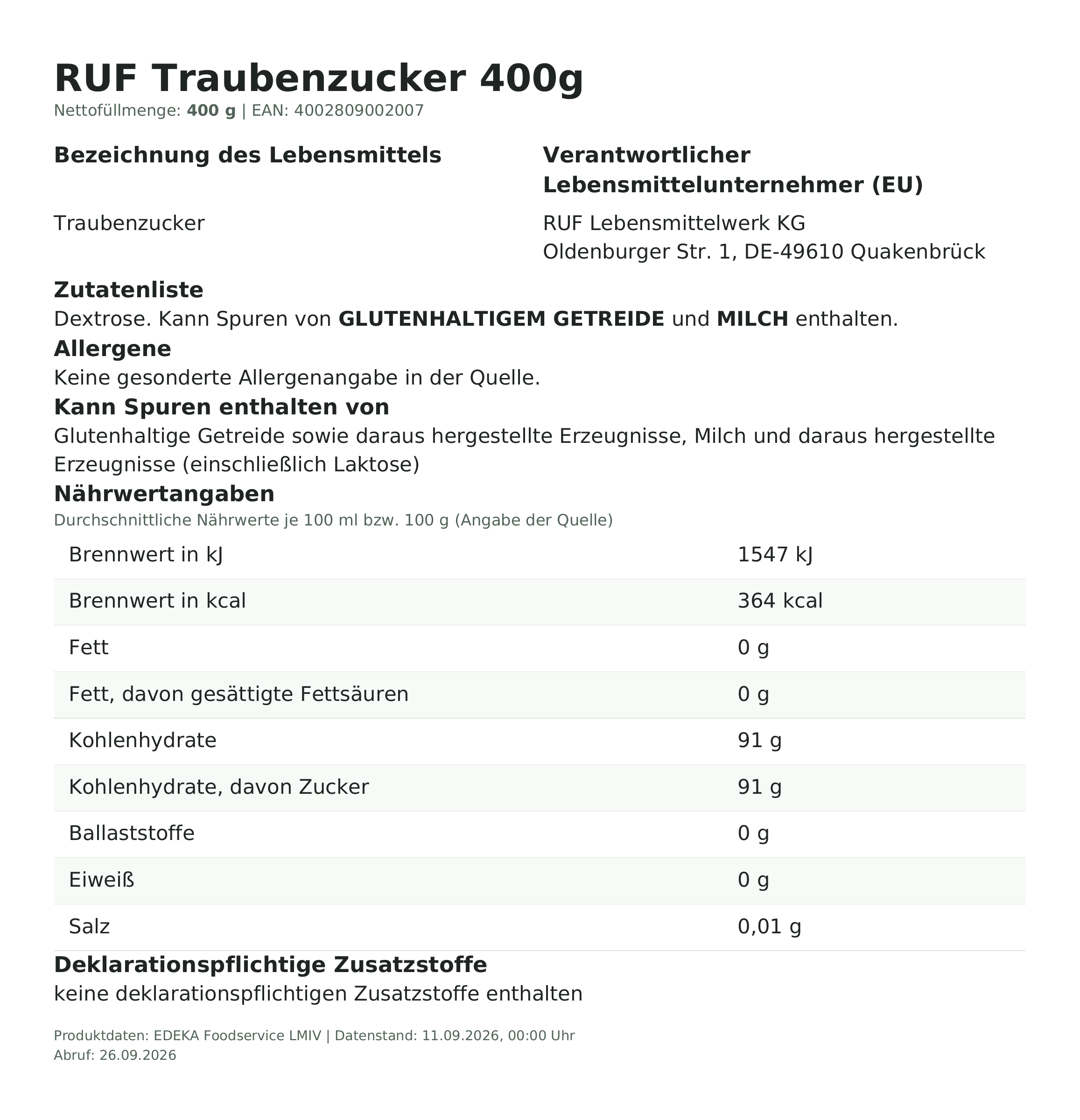 Lebensmittelinformationen: RUF Traubenzucker      400g
