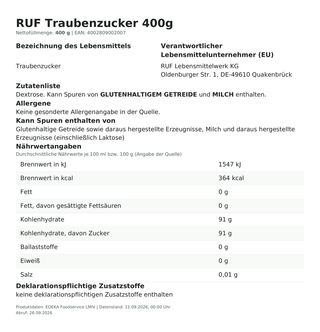 Produktinformationen zum Einzelprodukt – RUF Traubenzucker 400g