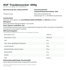 Lebensmittelinformationen: RUF Traubenzucker      400g
