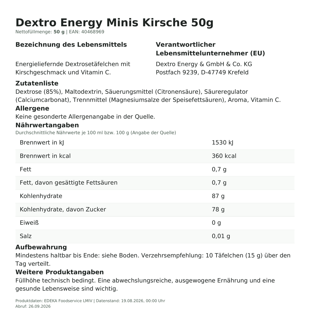 Produktinformationen zum Einzelprodukt – Dextro Energy Minis Kirsche 50g