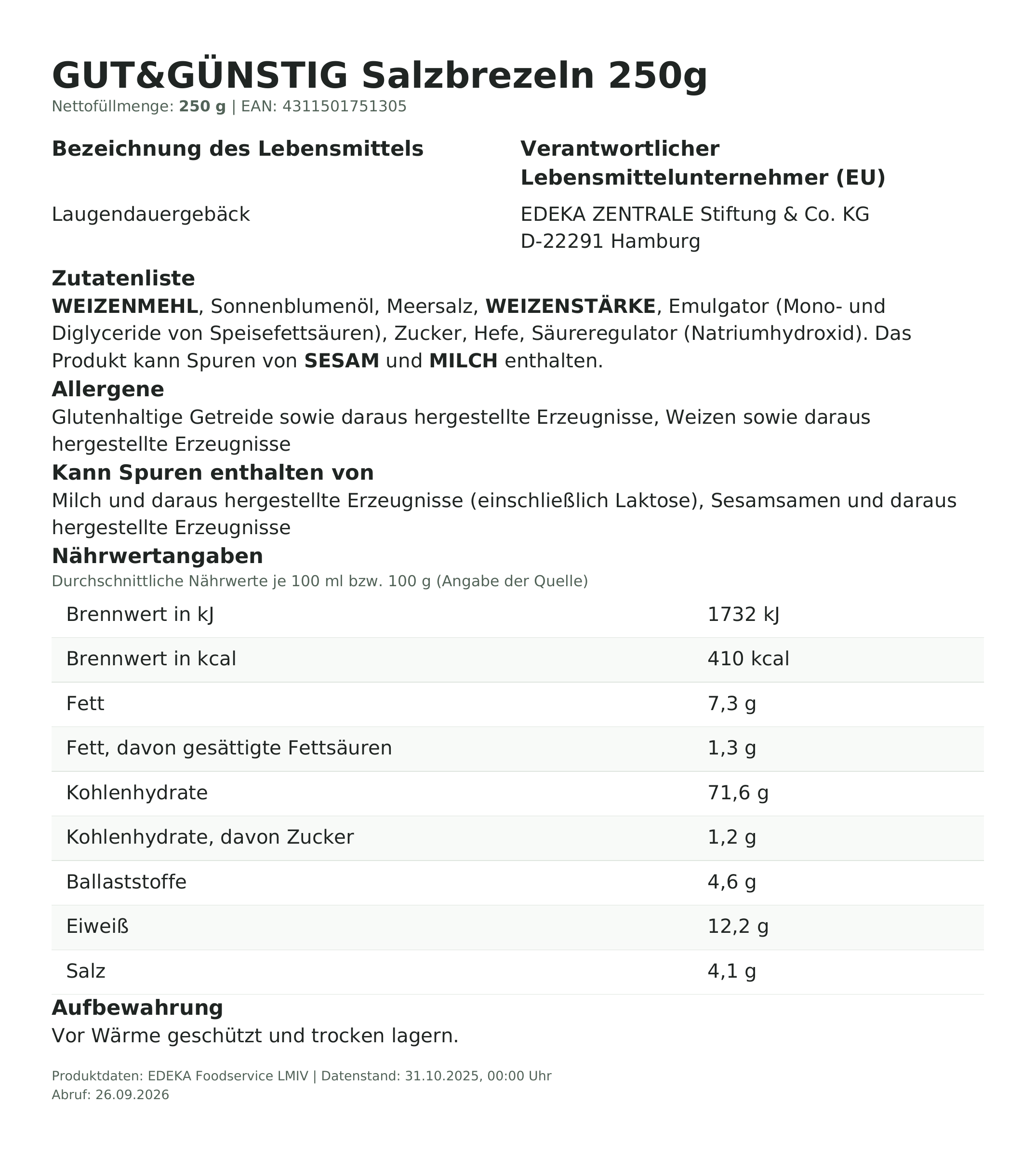 Produktinformationen – Gut&Günstig Salzbrezeln 250g