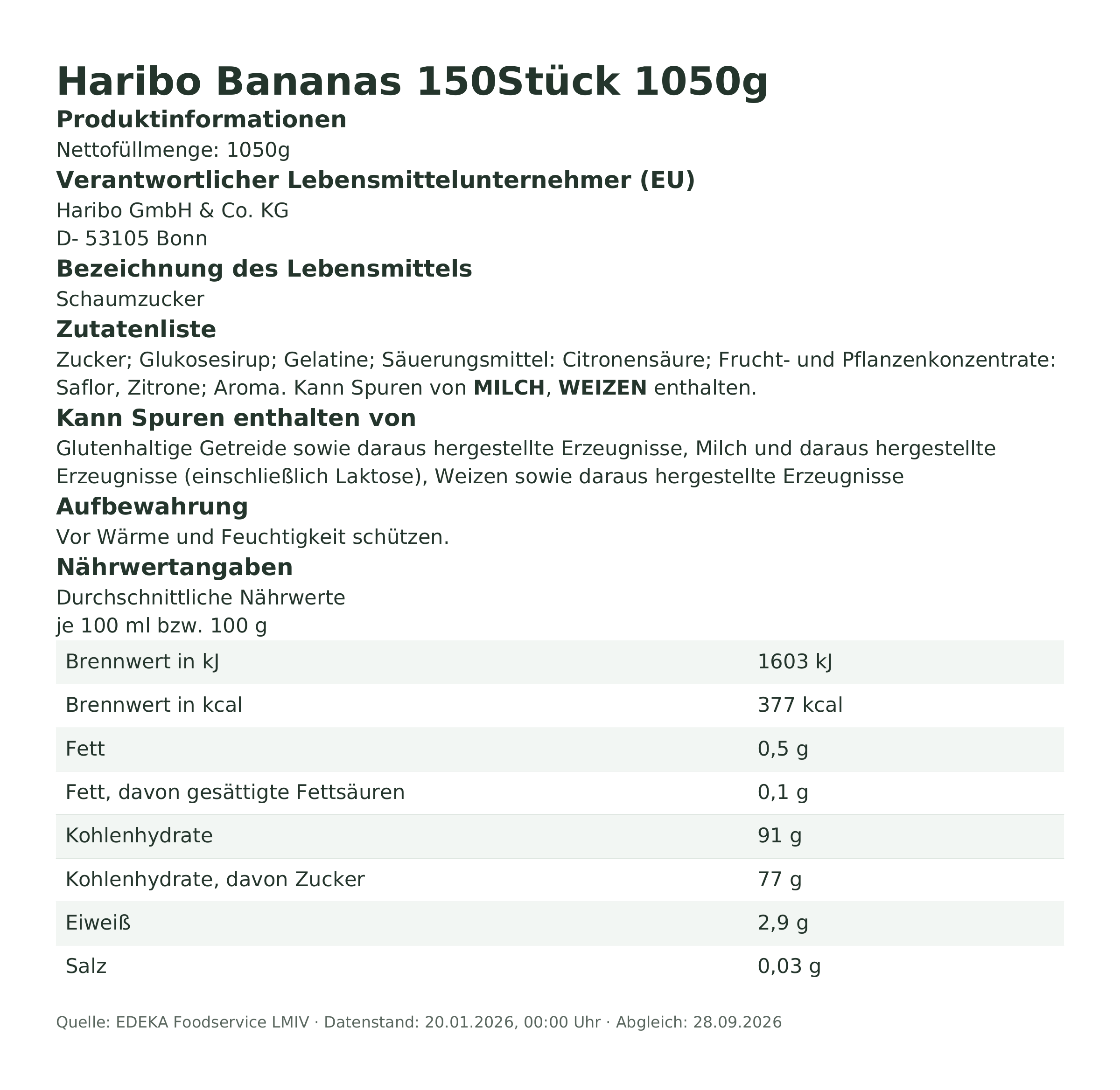 Produktinformationen – Haribo Bananas 150Stück 1050g