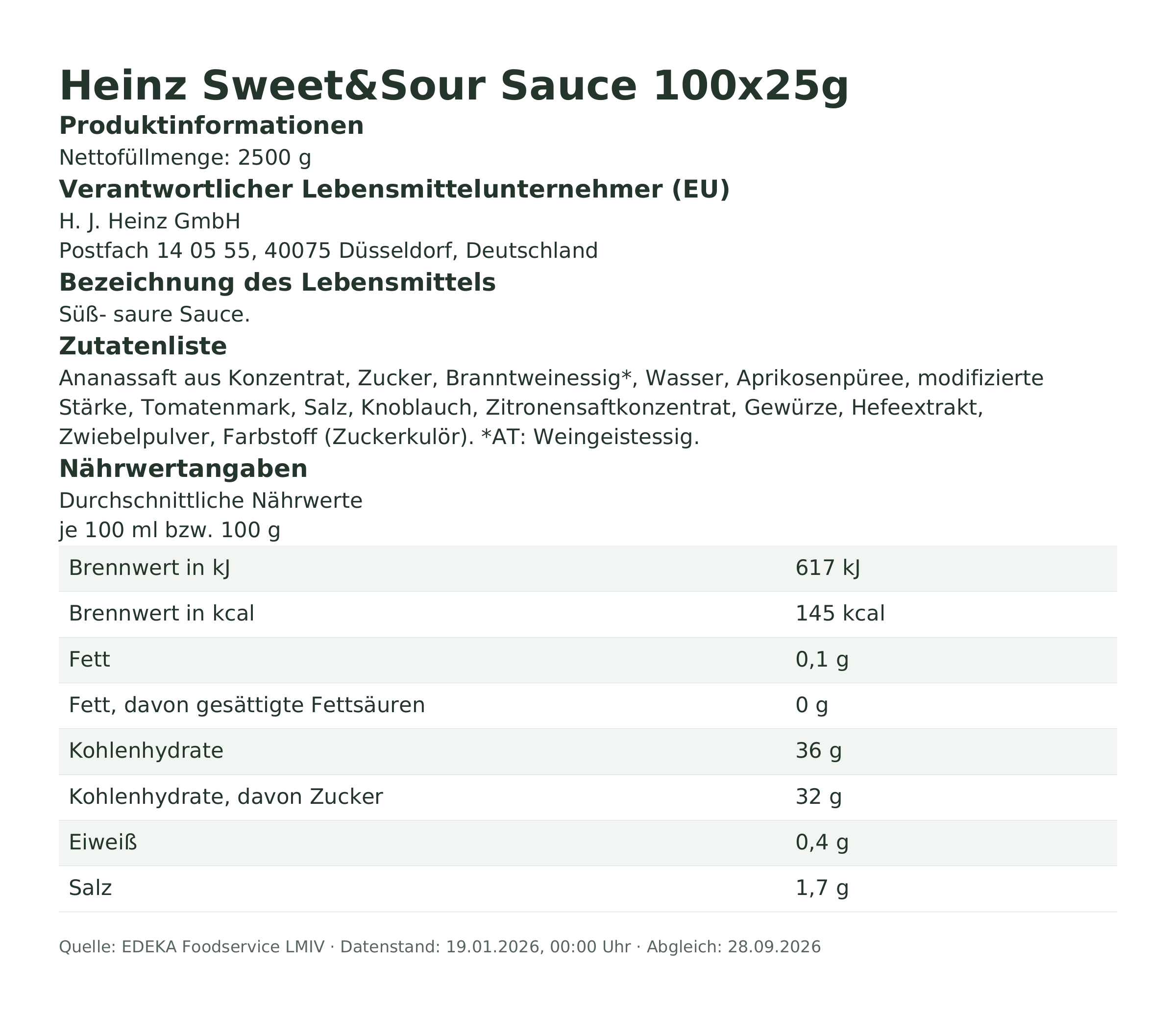 Produktinformationen – Heinz Sweet&Sour Sauce 100x25g