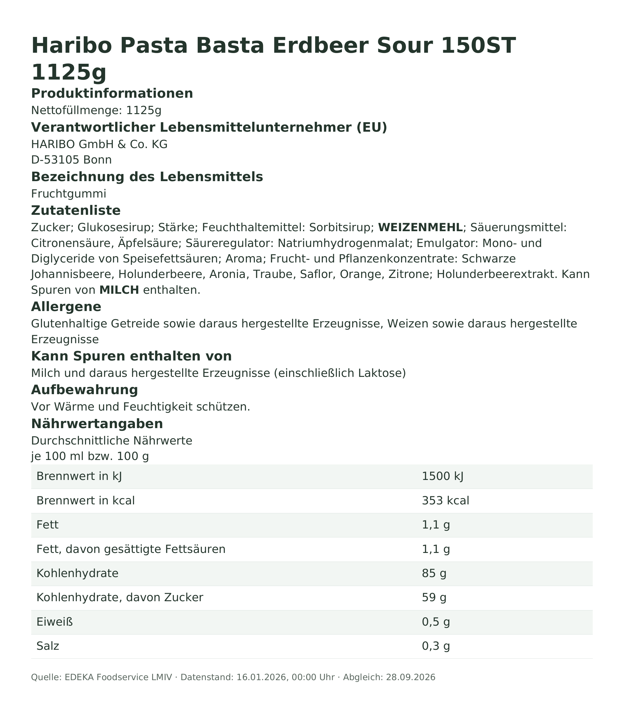 Produktinformationen – Haribo Pasta Basta Erdbeer Sour 150ST 1125g