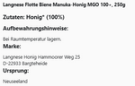 Produktbild anzeigen: Langnese Flotte Biene Manuka-Honig MGO 100+, 250g

