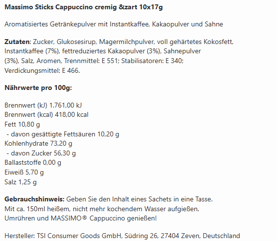 4x Massimo Sticks Cappuccino cremig &zart 10x17g (4x170g)