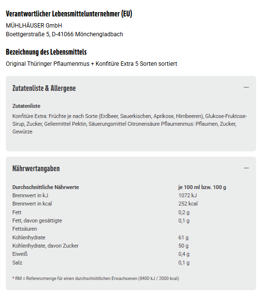 Mühlhäuser Pflaumenmus, Erdbeere, Sauerkirsch, Aprikose, Pfirsich-Maracuja Konfitüre Extra 5-fach 10x25g