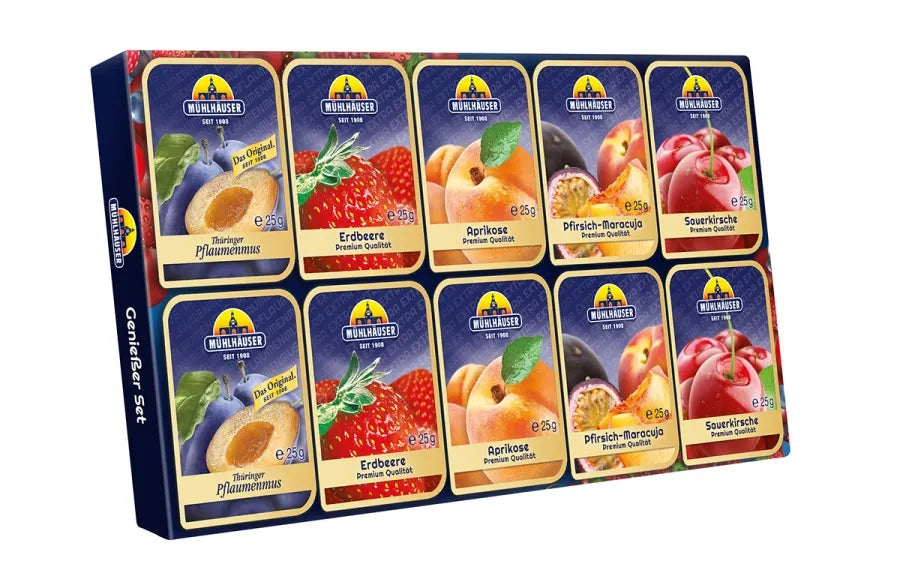 Mühlhäuser Pflaumenmus, Erdbeere, Sauerkirsch, Aprikose, Pfirsich-Maracuja Konfitüre Extra 5-fach 10x25g