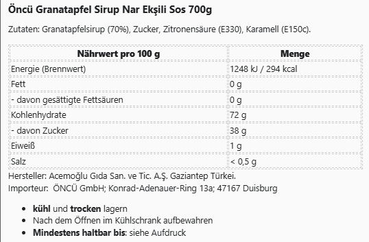 Öncü Granatapfel Sirup Nar Ekşili Sos 700g