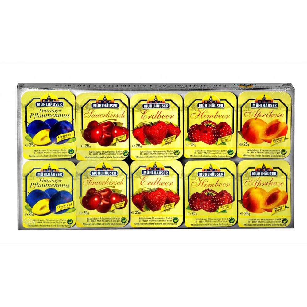 Mühlhäuser Pflaumenmus, Erdbeere, Sauerkirsch, Aprikose, Pfirsich-Maracuja Konfitüre Extra 5-fach 10x25g