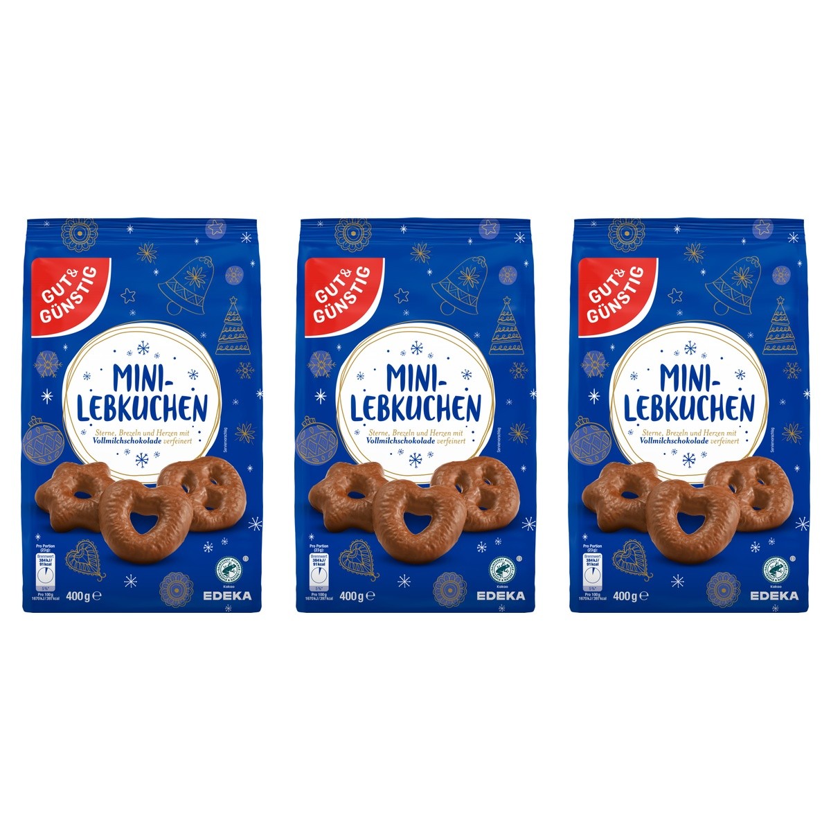 GUT&GÜNSTIG Mini Schokoladen Lebkuchen Herzen Sterne Brezel Vollmilch – 3 x 400 g (1200 g)