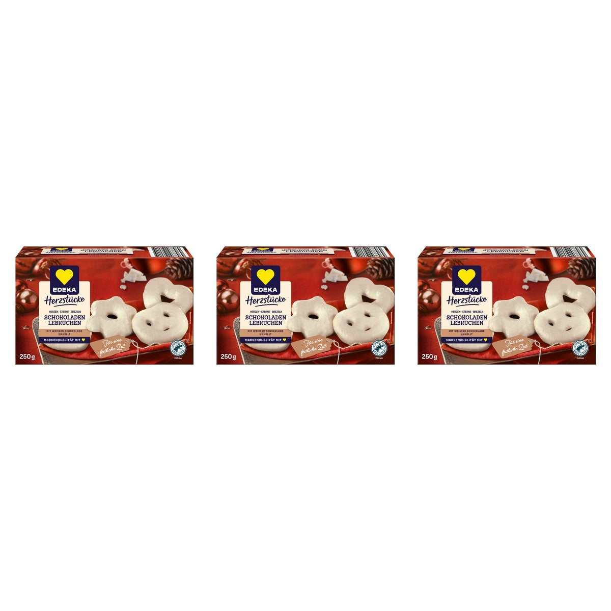EDEKA Herzstücke Schokoladenlebkuchen weiß Herzen Sterne Brezeln – 3 x 250 g (750 g)