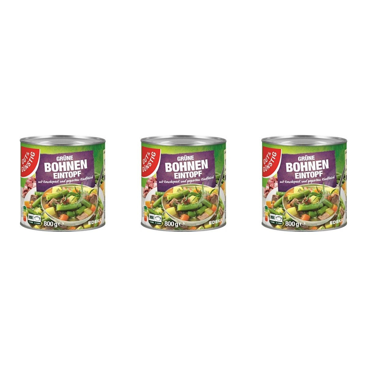 Gut&Günstig Grüne Bohnen Eintopf mit Rauchspeck und Rindfleisch – 3 x 800 g (2400 g)
