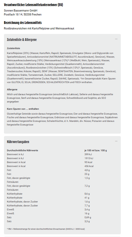 Sonnen Bassermann Rostbratwürstchen mit Kartoffelpüree und Weinsauerkraut 480g