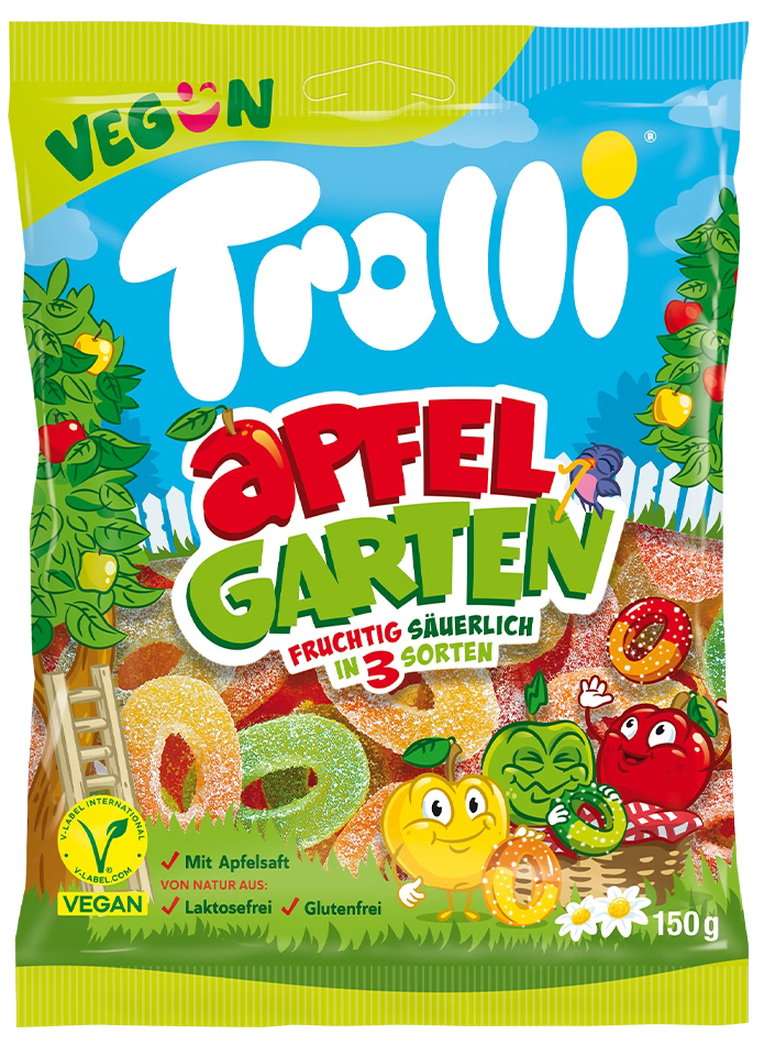 Trolli 4er Vegane Fruchtgummi Mischung Set – Sour Strawbies, Dino Rex, Apfelgarten & Bizzl Mix (4x150g)