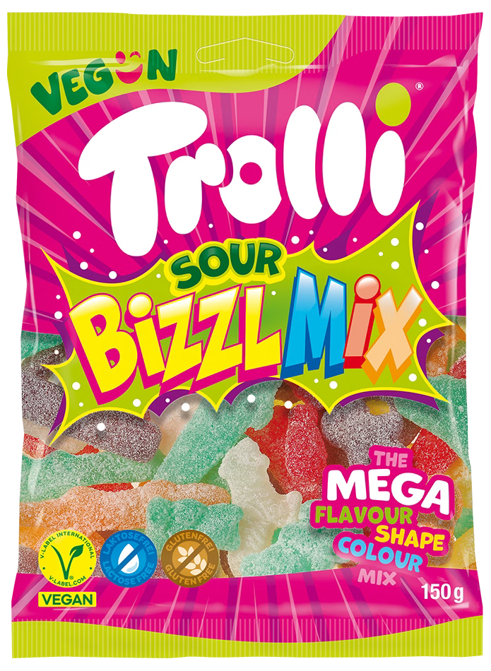 Trolli 4er Vegane Fruchtgummi Mischung Set – Sour Strawbies, Dino Rex, Apfelgarten & Bizzl Mix (4x150g)