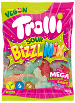 Produktbild anzeigen: Trolli 4er Vegane Fruchtgummi Mischung Set – Sour Strawbies, Dino Rex, Apfelgarten &amp; Bizzl Mix (4x150g)
