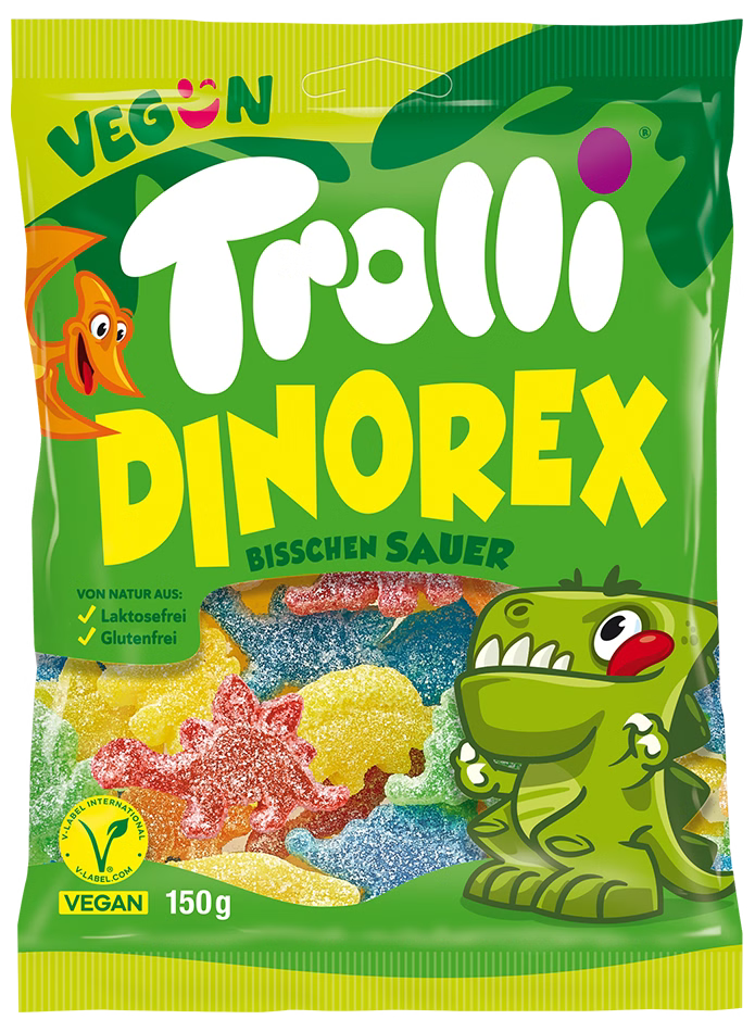 Trolli 4er Vegane Fruchtgummi Mischung Set – Sour Strawbies, Dino Rex, Apfelgarten & Bizzl Mix (4x150g)
