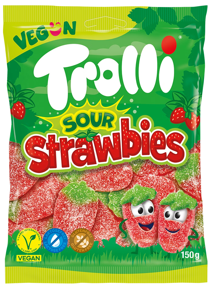 Trolli 4er Vegane Fruchtgummi Mischung Set – Sour Strawbies, Dino Rex, Apfelgarten & Bizzl Mix (4x150g)