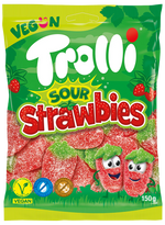Produktbild anzeigen: Trolli 4er Vegane Fruchtgummi Mischung Set – Sour Strawbies, Dino Rex, Apfelgarten &amp; Bizzl Mix (4x150g)
