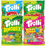 Produktbild anzeigen: Trolli 4er Vegane Fruchtgummi Mischung Set – Sour Strawbies, Dino Rex, Apfelgarten &amp; Bizzl Mix (4x150g)
