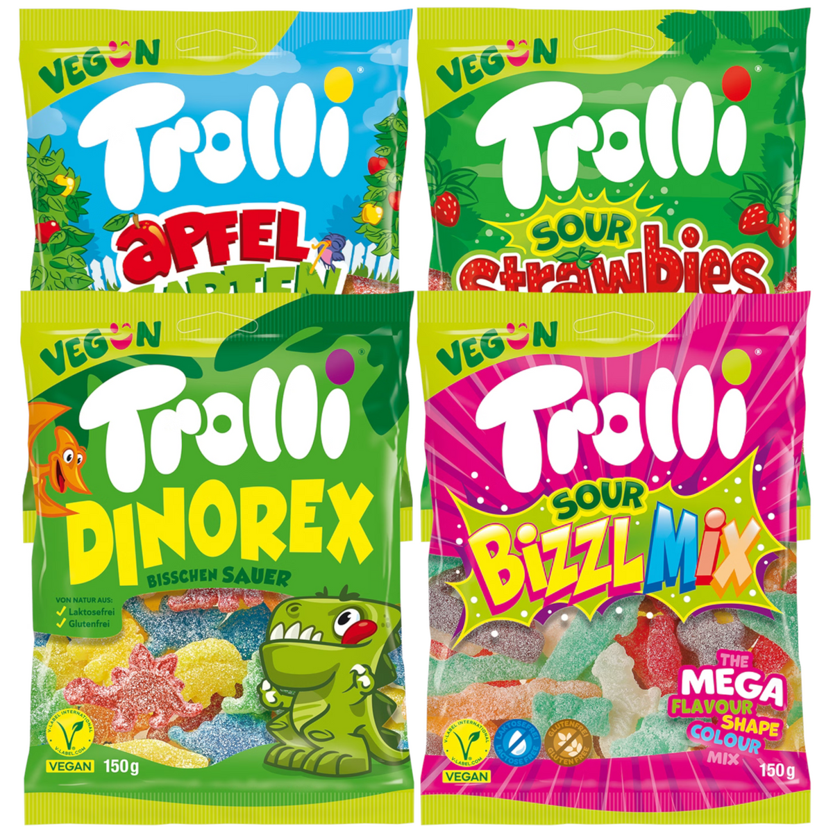 Trolli 4er Vegane Fruchtgummi Mischung Set – Sour Strawbies, Dino Rex, Apfelgarten & Bizzl Mix (4x150g)