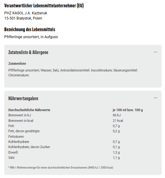 Produktinformationen – Waldschatz Pfifferlinge 290g