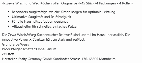 4x Zewa Wisch und Weg Küchenrollen Original je 4x45 Stück (4 Packungen x 4 Rollen)